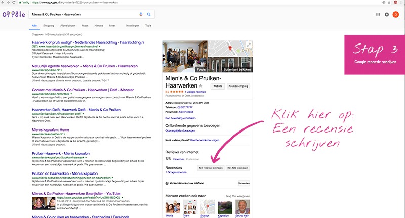 Google Recensie stap 3 van Mienis & Co Pruiken - Haarwerken te Delft en Monster